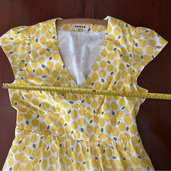 Boden May Cotton Midi Tea Dress Yellow Lemon Print Size 12R Vneck Cap Sleeve - Picture 13 of 13